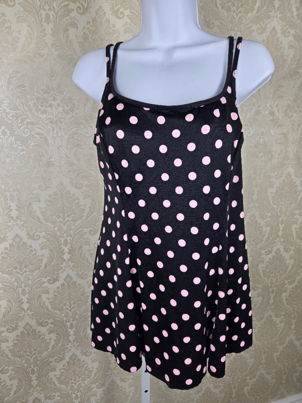 Inches Away Size 10 Black Swimdress Pink Polka Dots One Piece Slimming